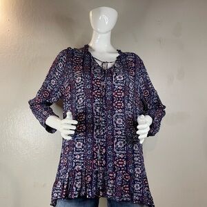 Style & Co. Navy Printed Tie-Neck Tunic with Pink Accents